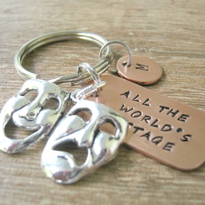 All the World&#39;s A Stage Keychain with Comedy/Tragedy Charm, Personalized Drama keychain, Shakespeare quote, Personalized Actor keychain