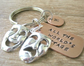All the World's A Stage Keychain with Comedy/Tragedy Charm, Personalized Drama keychain, Shakespeare quote, Personalized Actor keychain