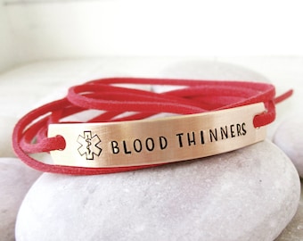 Blood Thinners Medical Alert Bracelet, on Anticoagulants meds, med alert, can be CUSTOMIZED with 12 letters, faux suede cord is vegan