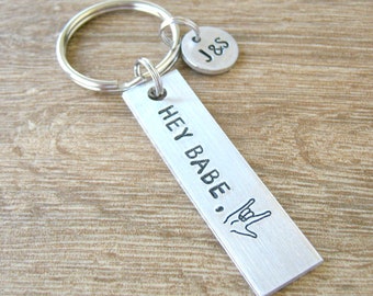 Hey Babe, I Love You Keychain, ASL I Love You symbol, initial disc, fun valentine gift, boyfriend gift, girlfriend gift, anniversary