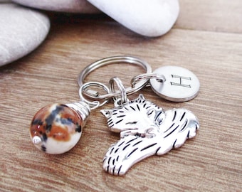 Personalized Fox Keychain with 12mm fire agate or artic agate bead, initial disc, fox lovers gift, stocking stuffer, artic fox, red fox