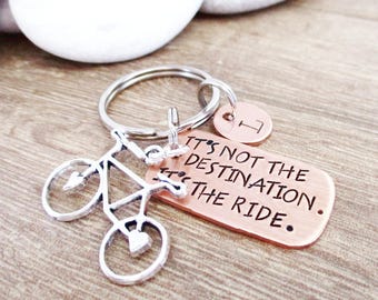 Personalized Biking Keychain with heart spokes, Bike Rider gift, bicyclist, It's not the destination, its the ride, bike charm, initial disc