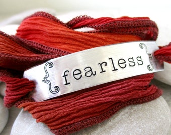 FEARLESS Bracelet, October's Edge Silk Ribbon Wrap, Power phrase bracelet, rustic bracelet, fearless ribbon bracelet, stay strong