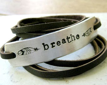 Breathe Bracelet, Feather Bracelet, Leather Wrap Bracelet, Inspirational Bracelet, Inspire, Motivational Bracelet, Motivate, choose leather