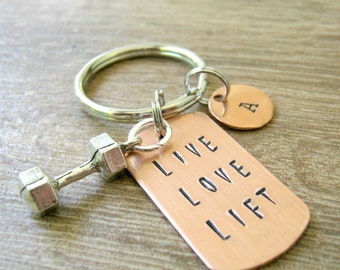 Live Love Lift Keychain, Barbell, dumbbell charm, weight lifting, fitness, exercise, working out, body building, personal trainer gift