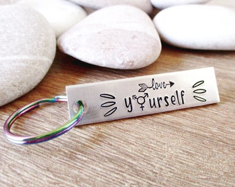 Transgender Love Yourself Keychain, Non binary option, rainbow key ring, aluminum bar, optional initials, first name, or date on back