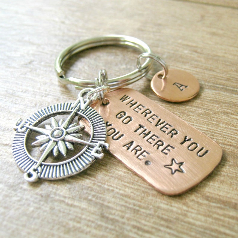 Wherever You Go There You Are Keychain with silver compass charm and split ring, women, men, optional initial disc, compass keychain image 1