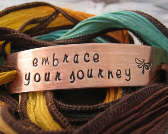 Embrace Your Journey Bracelet, copper bar, Desert Oasis ribbon, choose your metal, words, and ribbon, graduation gift, please read listing