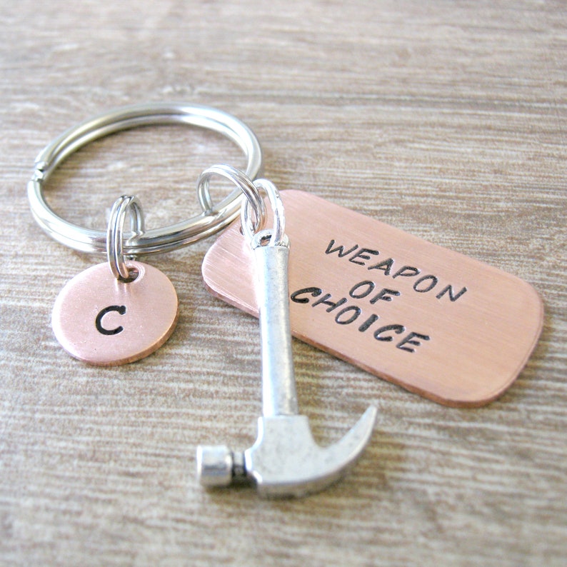 HAMMER Keychain, Weapon of Choice, dad's tools, contruction worker gift, carpenter gift, builder gift, optional personalized initial disc image 1