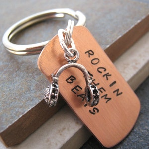Rockin Them Beats Headphones Keychain, alt charms available, gift for the DJ present or future or tunes obsessed, optional initial disc