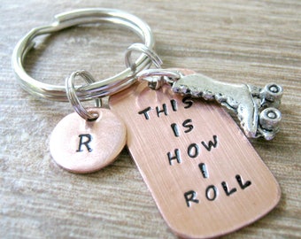 This is How I Roll Keychain, roller skate charm, roller derby keychain, roller derby girl, optional initial disc, roller derby team