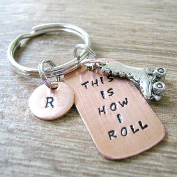 This is How I Roll Keychain, roller skate charm, roller derby keychain, roller derby girl, optional initial disc, roller derby team