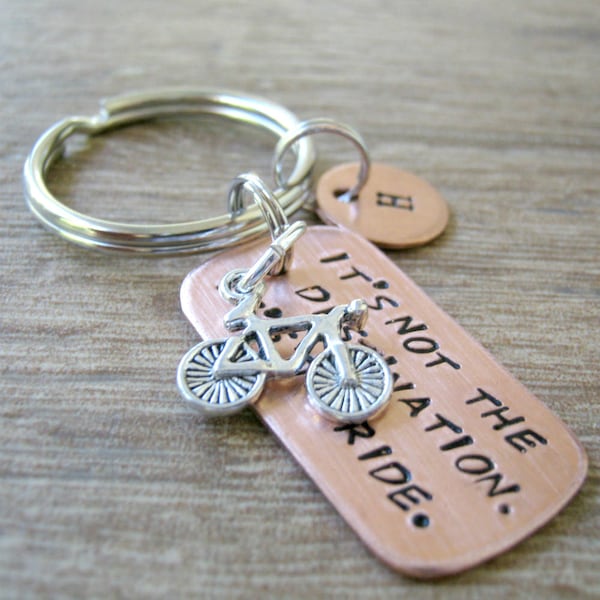 Personalized Bike Keychain, Personalized Bike Rider gift, bicyclist, It's not the destination, its the ride, bike charm, initial disc option