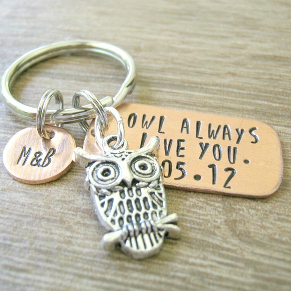 Personalized Owl Keychain, Owl Always Love You with anniversary date, boyfriend gift, girlfriend gift, anniversary owl, couples keychain