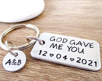 God Gave Me You Keychain, Men's Anniversary gift, add aninversary date, optional initial disc, handwritten font style