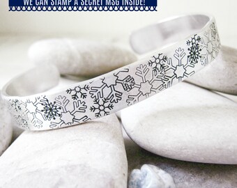 Hand stamped Snowflake Bracelet, aluminum cuff, winter bracelet, optional inside wording, minimalist, Christmas bracelet, stocking stuffer