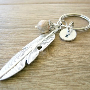 May include: Silver feather keychain with a small, light brown stone bead and a silver charm with the letter "E" on it.