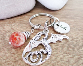 Personalized Dragon Keychain with 12mm fire agate bead or your choice of color, initial disc that holds up to 4 letters, mythical creature