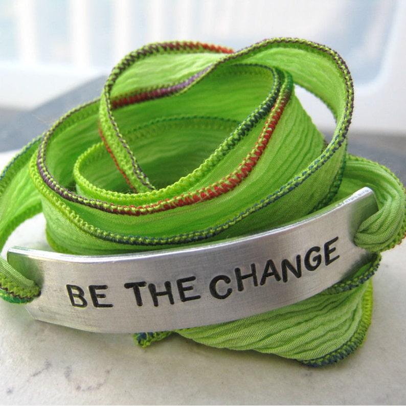 Be The Change Bracelet, silk ribbon wrap, Ghandi Quote, Graduation Bracelet, Ghandi Bracelet, Inspirational Quote, Activism, Protest image 1