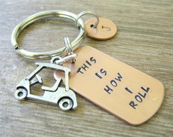Golf Keychain, Golf Cart Keychain, This is How I Roll Keychain, Golf Cart Charm, Golfer gift, gift for golfer, optional initial disc