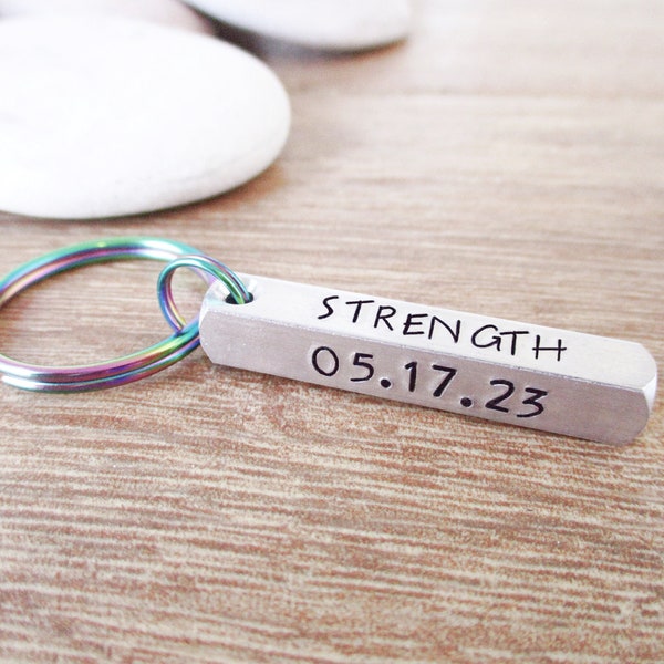 Strength Courage Wisdom Keychain, sobriety date keychain, sober birthday, AA, NA, addiction, bar keychain, choice of font and key ring