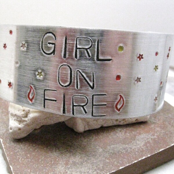 SALE Girl On Fire Custom Quote Aluminum Bracelet, approx 1 inch wide, customizable, hunger games inspired