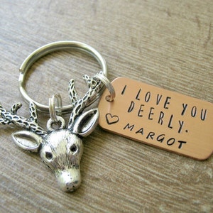 I Love You Deerly Keychain, Personalized with 1 name, deer head charm, boyfriend gift, I Love You Keychain, Deer keychain, Antlers keychain