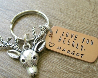 I Love You Deerly Keychain, Personalized with 1 name, deer head charm, boyfriend gift, I Love You Keychain, Deer keychain, Antlers keychain
