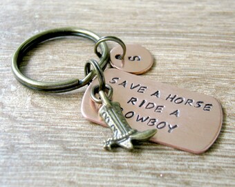 Save a Horse Ride A Cowboy Stamped Keychain, Cowgirl keychain, brass cowboy boot charm, optional initial disc, see pics, horse lover gift