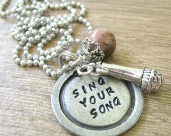 Sing Your Song Necklace, Microphone Necklace, Singer's Necklace, pewter disc, alum ball chain, Singer gift, Choral student, choose your bead