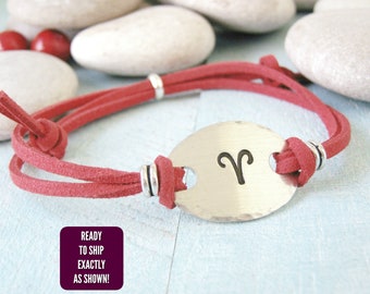 Aries Bracelet, READY TO SHIP as shown, red faux suede, Aries Zodiac Sign, Aries gifts, Aries jewelry, ram sign, adjustable, 1 size fits all