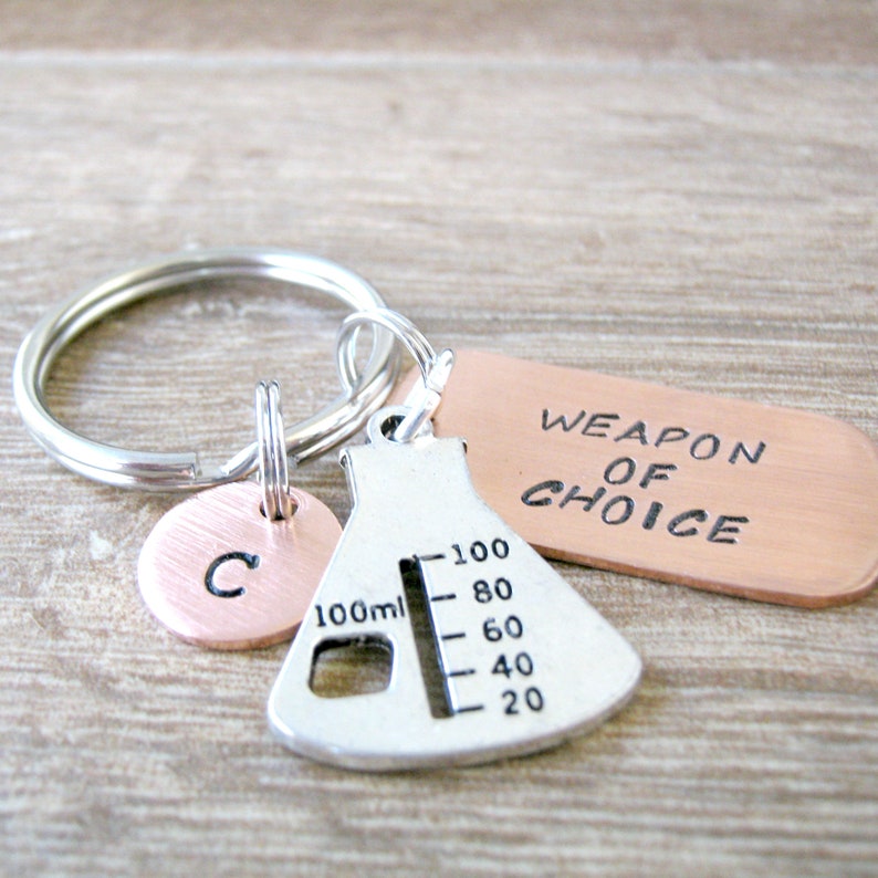 BEAKER Keychain, Weapon of Choice, scientist gift, chemist gift, chemistry keychain, because science, chemicals, optional initial disc Bild 1