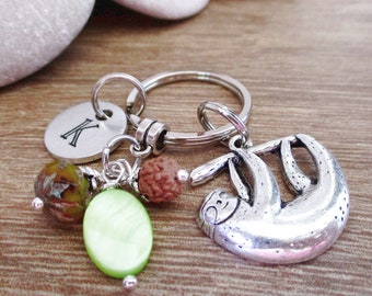 Personalized Sloth Keychain, bead choice, sloth lover gift, animal lover, rainforest dweller, initial disc, stocking stuffer, secret santa