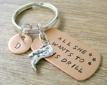 Drill Team Keychain, All She Wants To Do Is Drill Keychain, hand stamped with boot charm, optional personalized initial disc