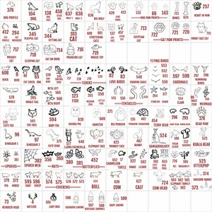 May include: A black and white illustrated chart with 100 different animal and object images. Each image is labeled with a name and a number. The chart is perfect for learning about different animals and objects.