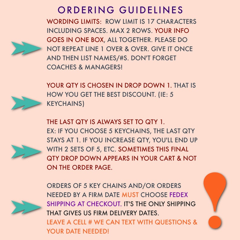 May include: A pink and white graphic with black text outlining ordering guidelines for a business. The text includes information about wording limits, quantity, shipping, and contact information. The graphic also includes a red exclamation point.