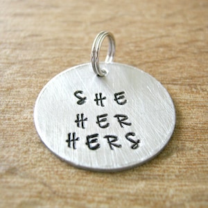 She Her Hers Pendant, Ask My Pronouns, Female Pronouns disc, She Her Hers disc, Transgender, MTF, male to female, gender tag, 1&quot; Alkeme Disc