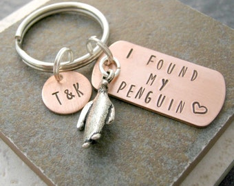 Personalized I Found My Penguin keychain, choose to add optional disc with initials, anniversary gift, engagement gift, wedding gift
