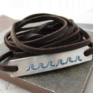 Waves Bracelet, Leather Wrap, hand stamped, choose leather and metal, surfer bracelet, men&#39;s bracelet, ocean bracelet, surfing bracelet