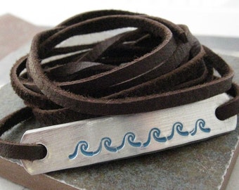 Waves Bracelet, Beach Bracelet, Waves Leather Wrap Bracelet, Surfer Bracelet, Ocean Bracelet, Nautical Bracelet, choose leather, metal type