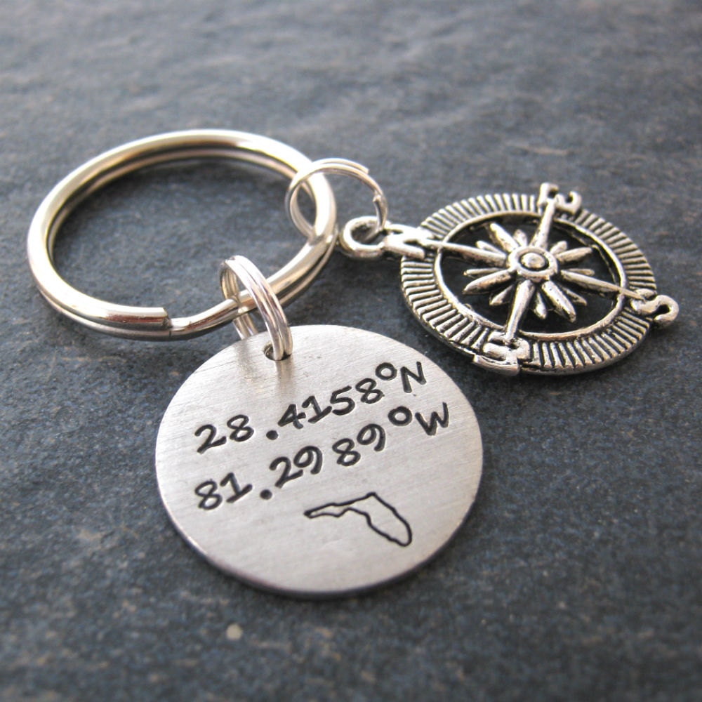GPS Coordinate Keychain Latitude Longitude Pewter Disc Etsy
