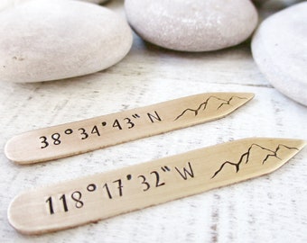 Mountain Collar Stays, READY TO SHIP as is, Mt. Everest lat long coordinates here, Men's gps gifts, Valentine's Day gift for him