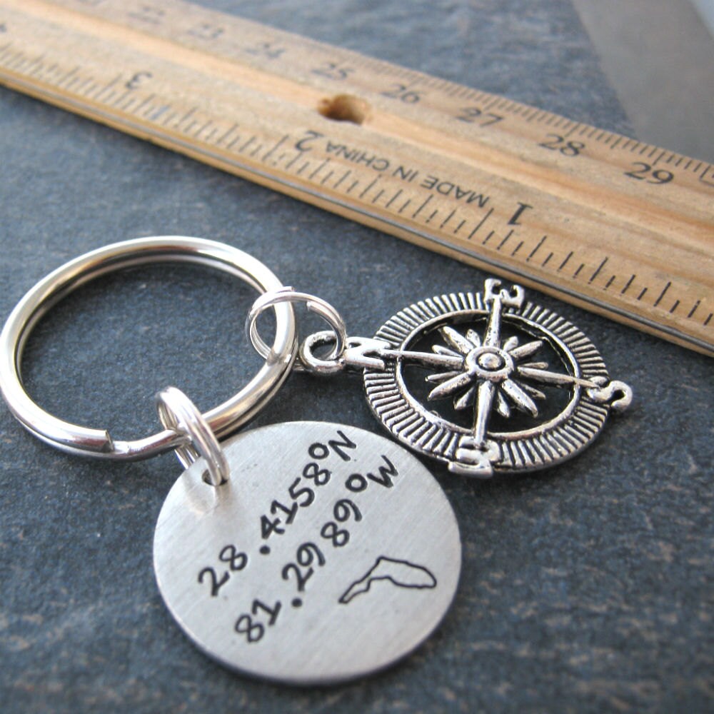 GPS Coordinate Keychain Latitude Longitude Pewter Disc Etsy