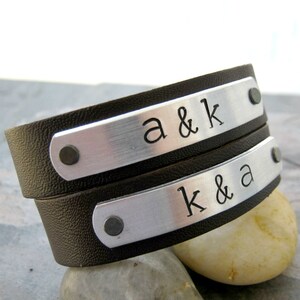 Couples Initial Bracelets, Matching bracelets, couples bracelets, set of 2 leather cuffs, choose leather color, couples jewelry, his & hers