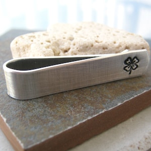Shamrock Skinny Tie Bar, Shamrock Tie Clip, Custom Tie Bar, aluminum, four leaf clover, irish, customize with choice of symbol and wording