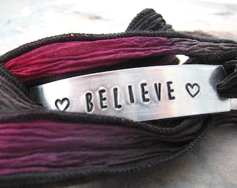 Believe Bracelet, Silk Ribbon Wrap in hot pink, black, gray, choose metal choice, text, and ribbon color, faith bracelet, Christian, Jesus