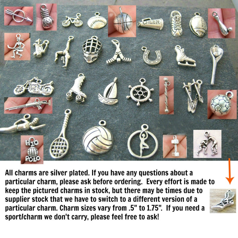 May include: A collection of silver-plated charms featuring various sports themes, including baseball, basketball, football, soccer, hockey, swimming, volleyball, tennis, roller skating, and more. The charms are approximately 0.5 to 1.75 inches in size.
