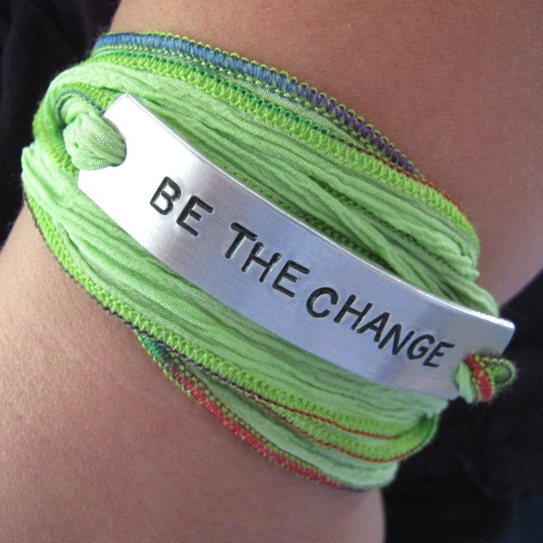 Be The Change Bracelet, silk ribbon wrap, Ghandi Quote, Graduation Bracelet, Ghandi Bracelet, Inspirational Quote, Activism, Protest image 2
