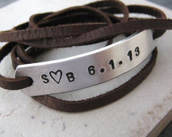 Valentine Bracelet, Anniversary Bracelet, Couples Bracelet, Leather Wrap Bracelet, Men's Valentine, choose leather color, text