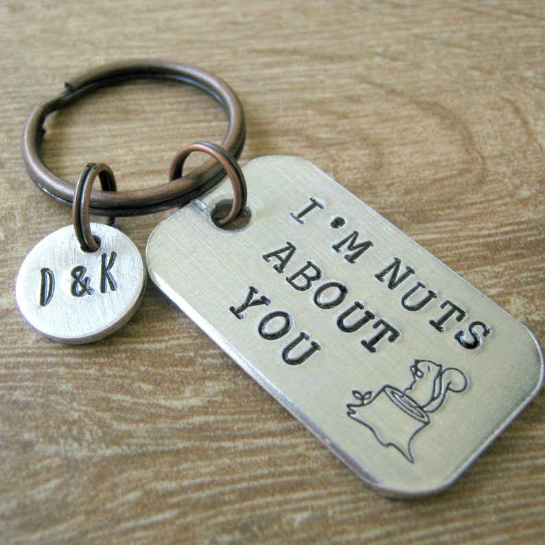 I'm Nuts About You Keychain, anniversary gift, valentine's day gift, couples keychain, i love you keychain, optional initial disc, see pics image 1